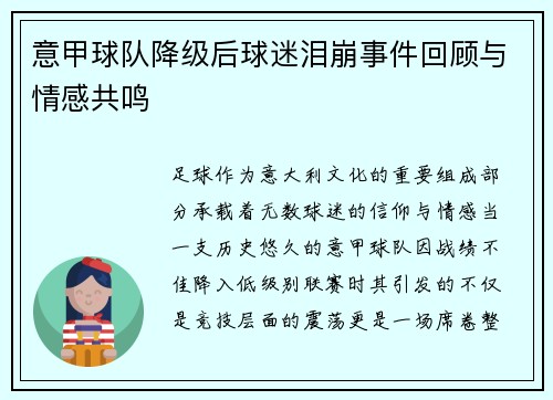 意甲球队降级后球迷泪崩事件回顾与情感共鸣